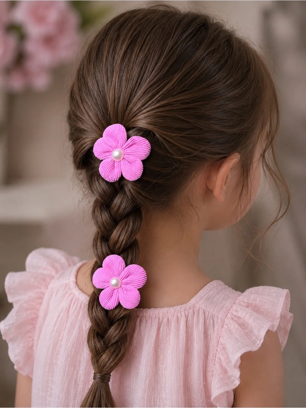 Pink Flower Pearl Kids Hair Clips - Set of 2